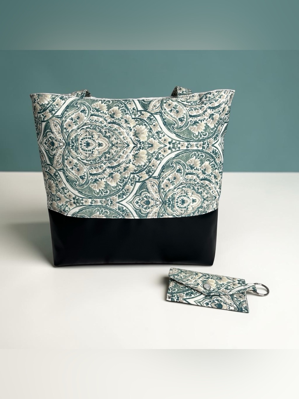 Teal Paisley Tote Bag with Card Wallet handmade
